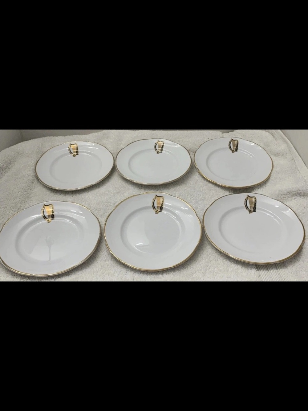 Royal Tara Ireland Set 6 Dessert Cake Plates 6.25” Harp Gold Trim Vintage
